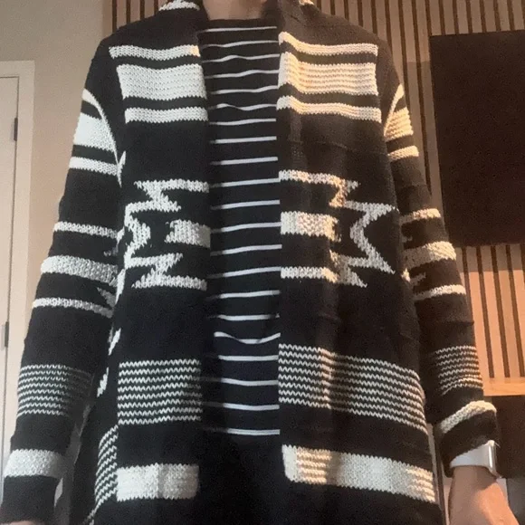 Black and White Striped Women's Wrap Cardigan Sweater - Picture 5 of 6